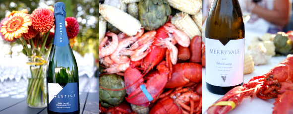 Photo collage of people sitting at table, lobsters being placed, and lobster feast